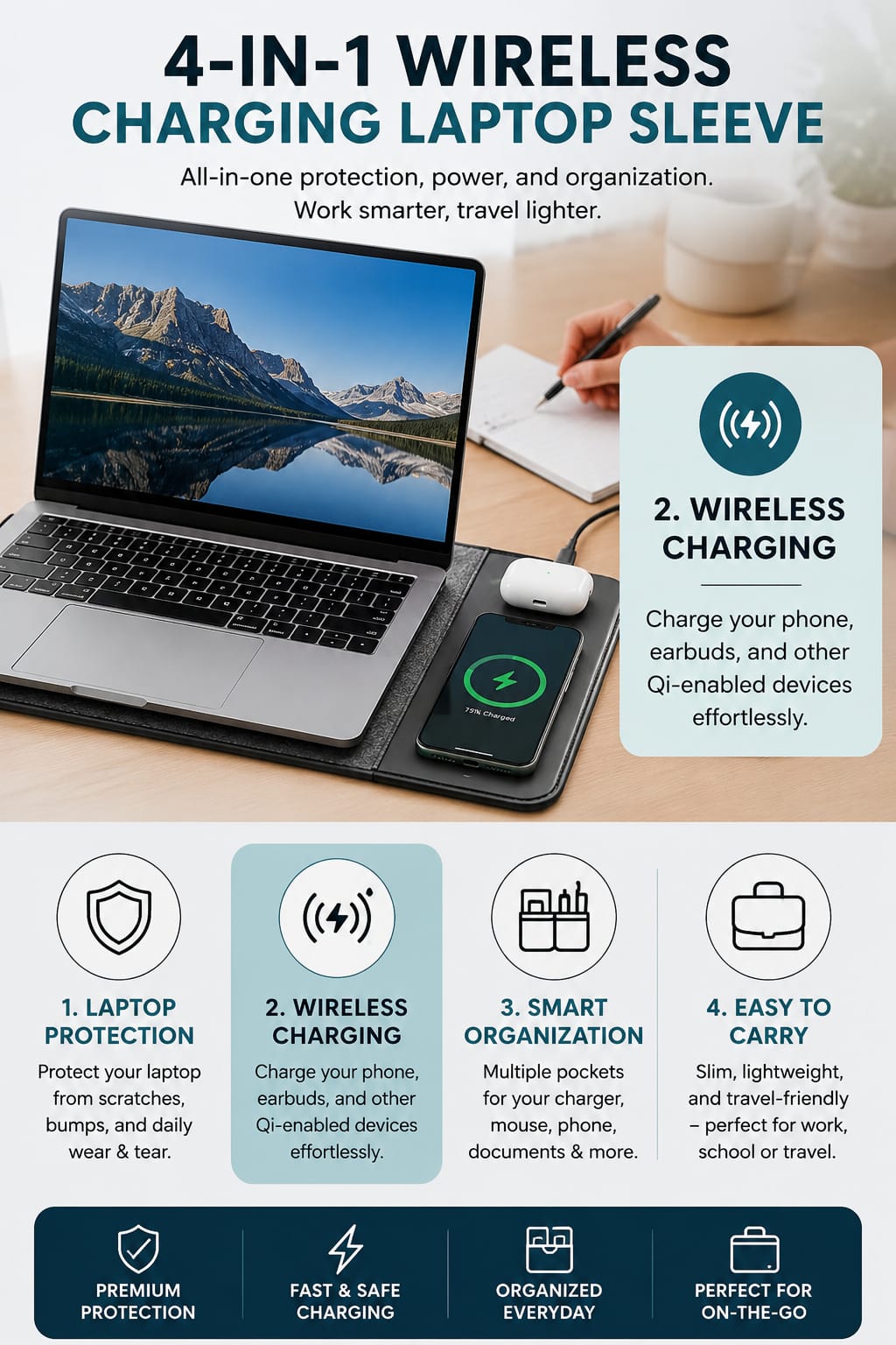 4 in 1 Wiresless Charging Laptop Sleeve